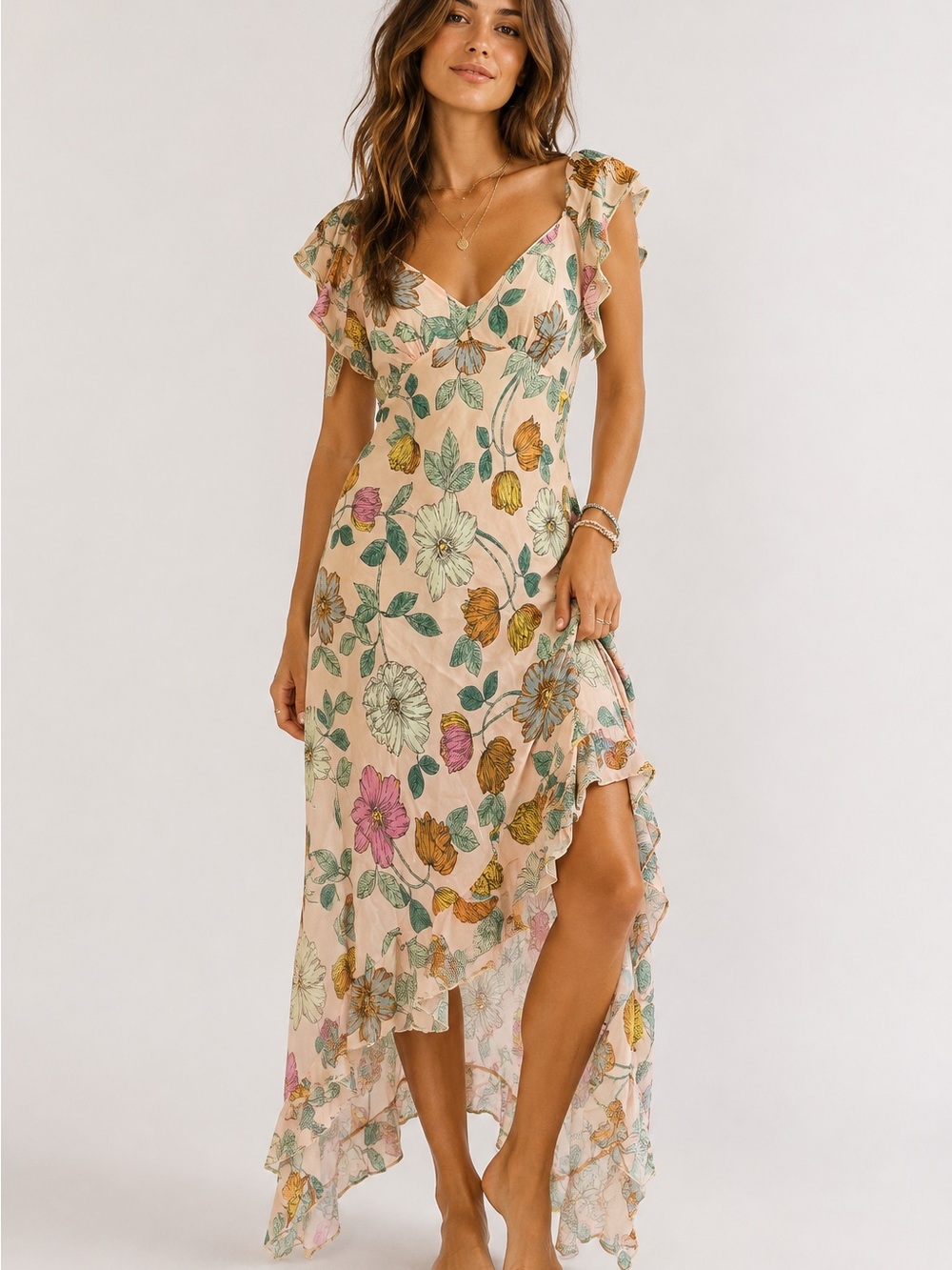Vintage Y2K ANGIE Floral Fairy Dress Asymmetrical Ruffle Hem Size S Romantic